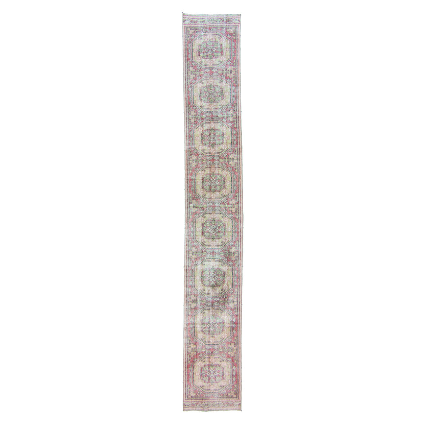 6847 Handwoven Pink and Green Long Vintage Rug 2’3x15’4