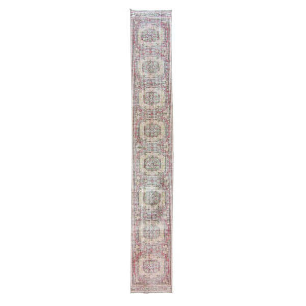 6847 Handwoven Pink and Green Long Vintage Rug 2’3x15’4